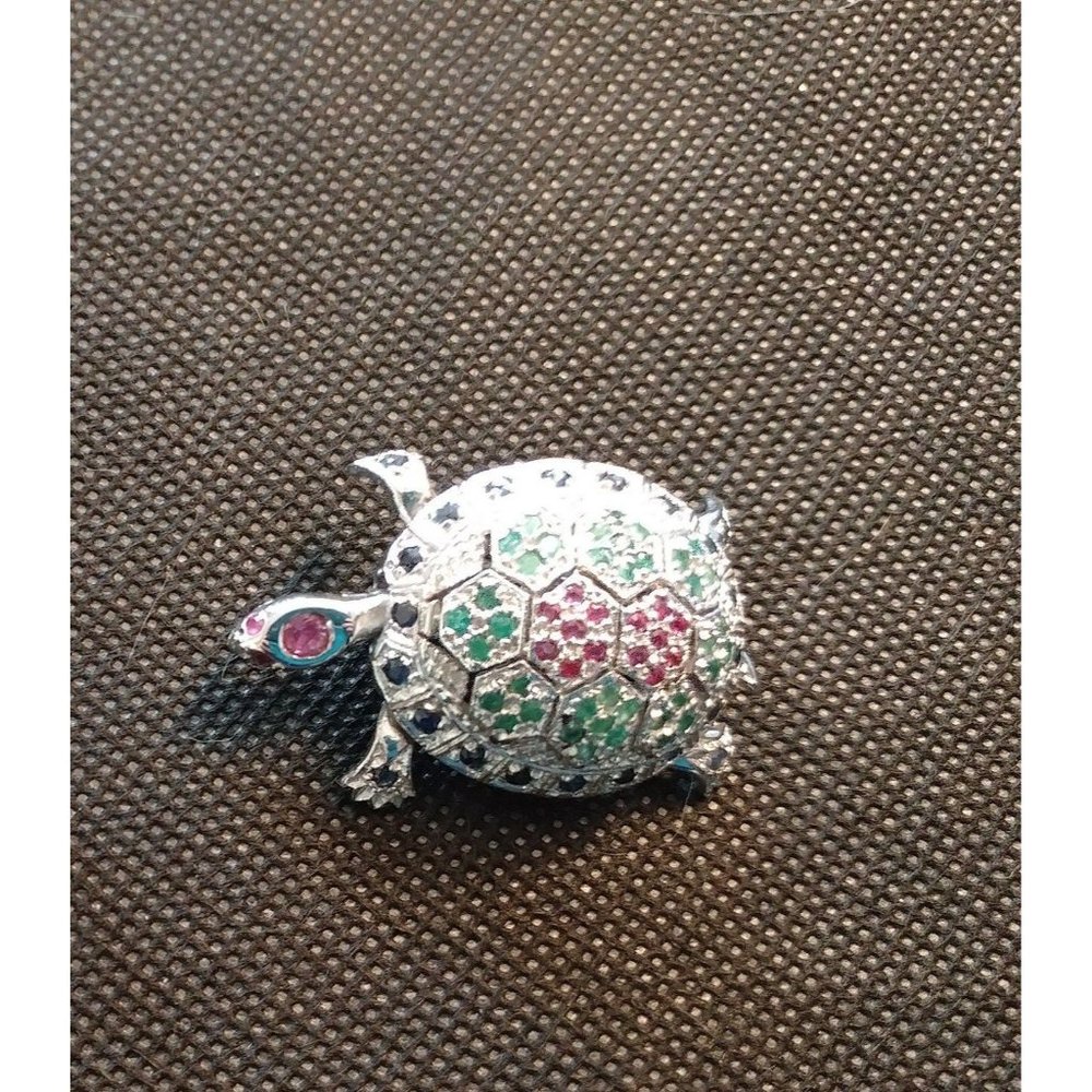 Silver Turtle Pin Emerald, Ruby,And Sapphire - image 3